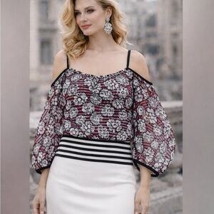 SAVE THE QUEEN Designer Black & White Striped Floral Mesh Open Shoulder Top S